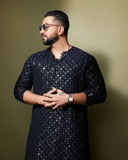 ALI BLACK MIRROR WORK KURTA AND PAJAMA