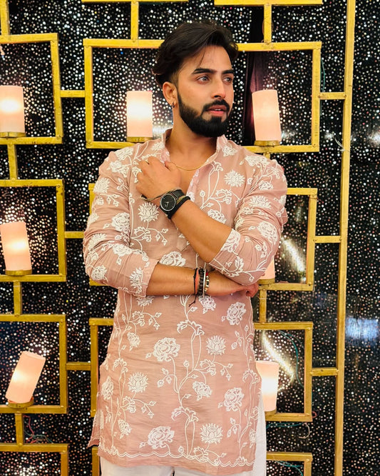 Pinkish Tan Embroidered Work Men's Kurta with Pajama
