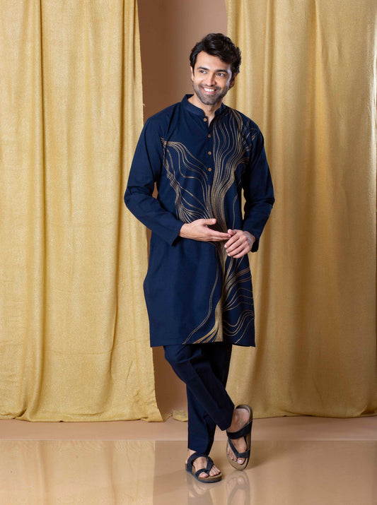 NAVY BLUE DESIGNER EMBRODARY WORK KURTA AND PAJAMA SET