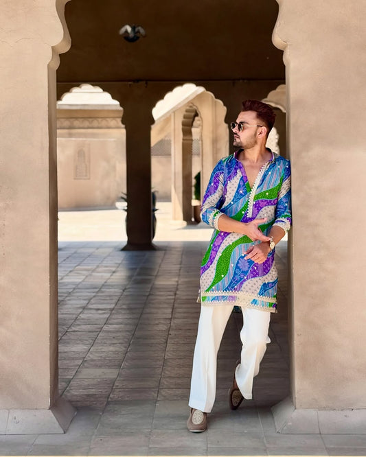 MULTI COLOURED BADHANI EMBROIDERED WORK PRINTED KURTA AND PAJAMA