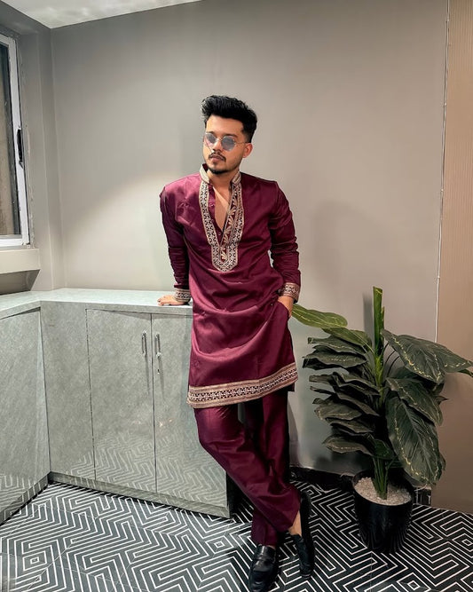 MAROON RIYAZ NECK EMBROIDERED MEN'S KURTA WITH PAJAMA SET