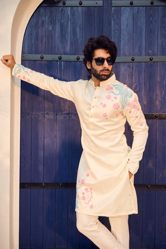 PEACH PUFF BIRD KURTA AND PAYJAMA