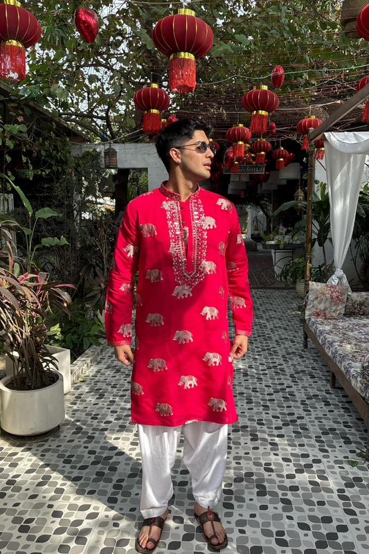 PINK RED ELEPHANT NECK EMBROIDERED WORK KURTA PAUJAMA SET FOR MEN'S