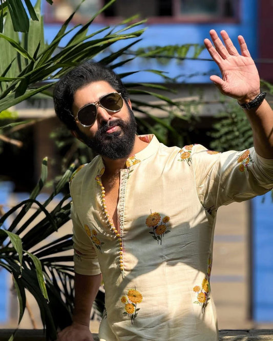 YELLOW CHANDERI PRINTED KURTA PAJAMA SET FOR MEN'S