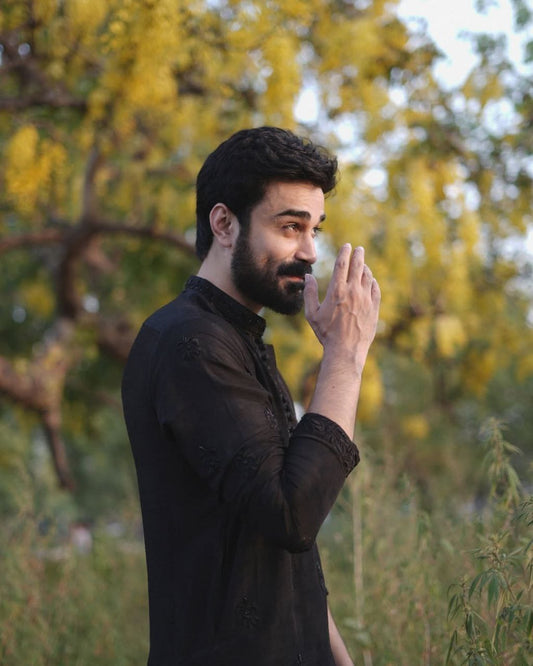 STYLISH BLACK EMBROIDERED KURTA WITH PAJAMA