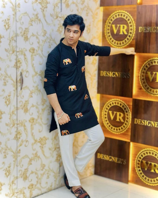 Blue Charcoal ELEPHANT Embroidered Work Men's Kurta with Pajama