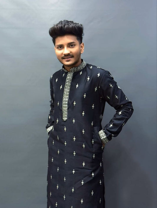 Black Embroidered SEQUIN WORK Men's Kurta with Pajama