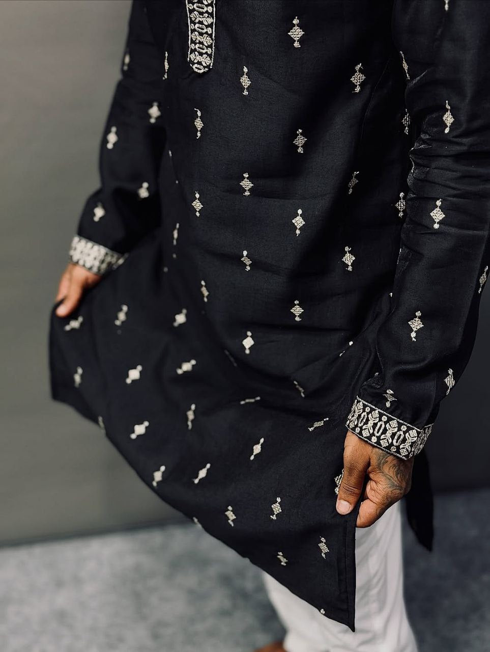 Black Embroidered SEQUIN WORK Men's Kurta with Pajama