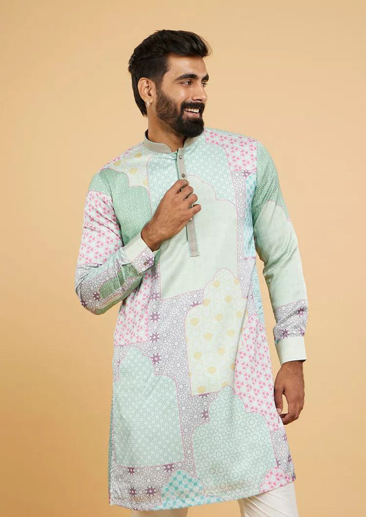 POWDER ASH PRINTED WORK KURTA PAJAMA SET FOR MEN'S