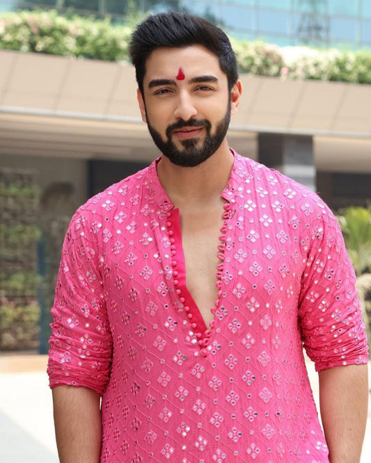 HOT PINK MIRROR WORK KURTA AND PAJAMA