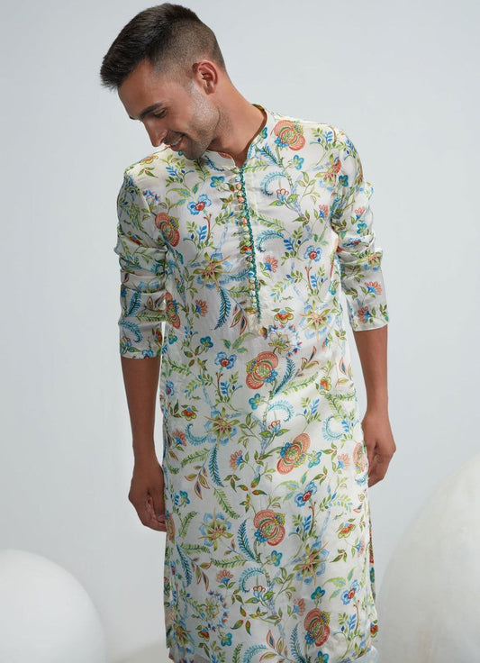LIGHT GREY PRINTED WORK KURTA PAJAMA SET FOR MEN'S