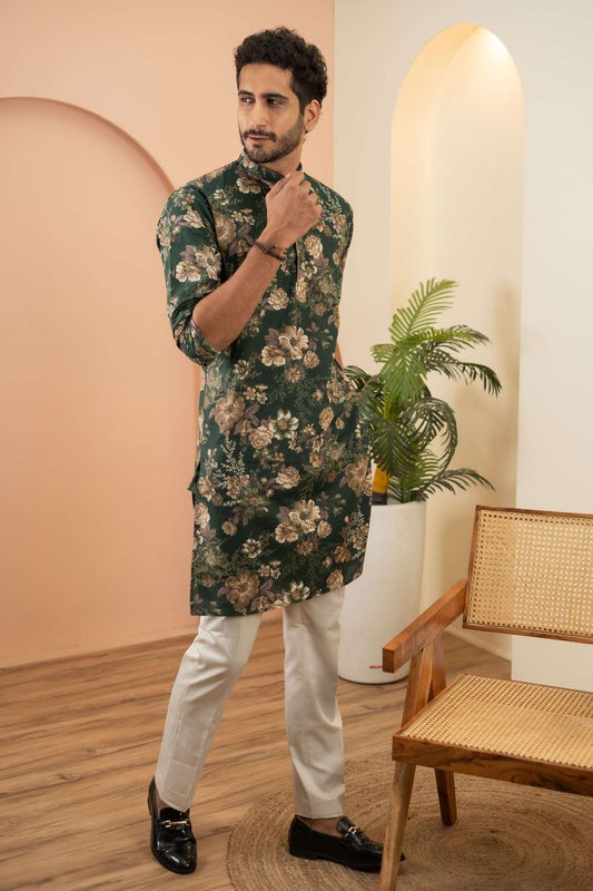 LUNAR GREEN PRINTED WORK KURTA PAJAMA SET FOR MEN'S
