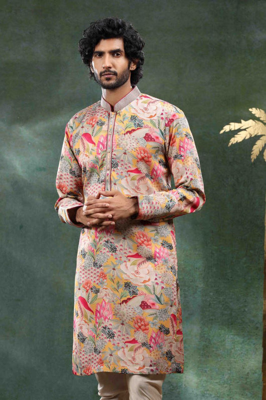 MIX FLOWER PRINTED WORK KURTA PAJAMA SET FOR MEN'S