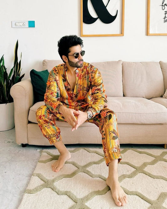 YELLOW AND RED FLOWER PRINTED WORK KURTA PAJAMA SET FOR MEN'S