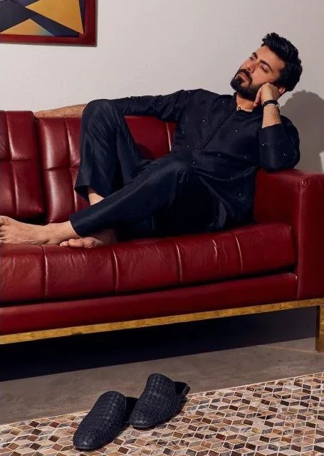 OXFORD BLUE RAW SILK WHITE THREAD EMBROIDERED KURTA WITH PAJAMA FOR MENS