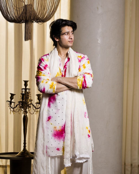 MULTI COLOURED MIRROR WORK PRINTED KURTA, PAJAMA and DUPATA