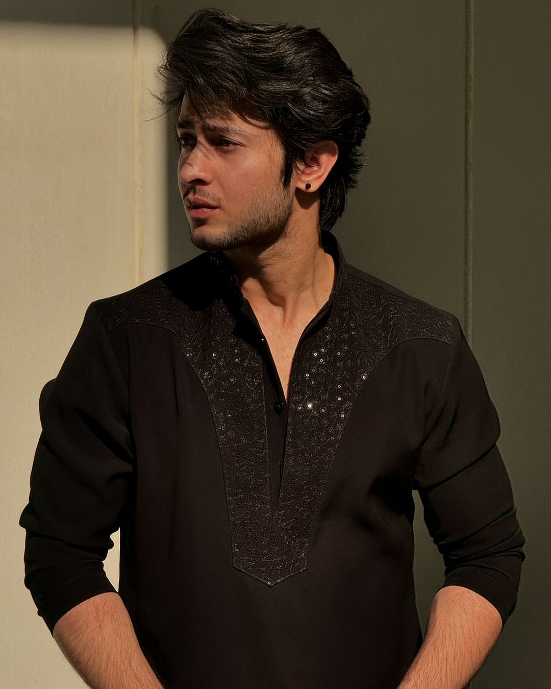 BLACK NECK WORK KURTA AND PAJAMA