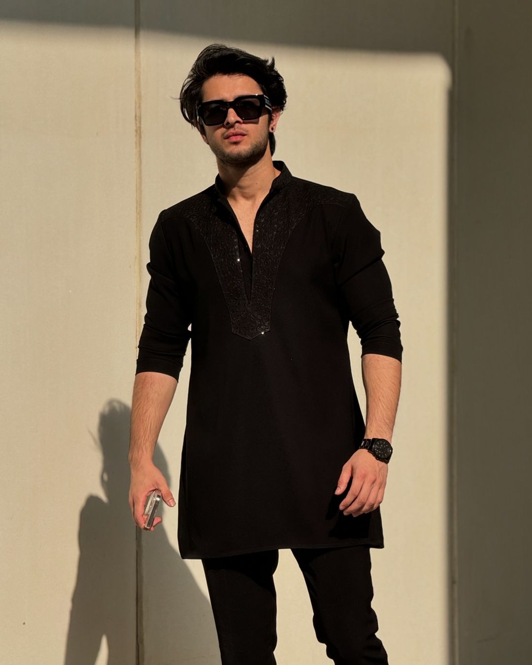 BLACK NECK WORK KURTA AND PAJAMA