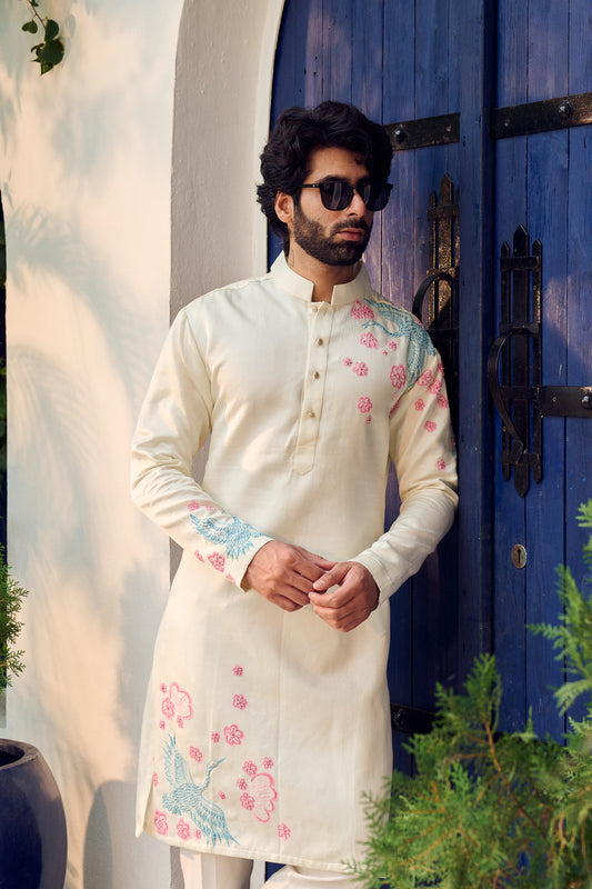 PEACH PUFF BIRD KURTA AND PAYJAMA
