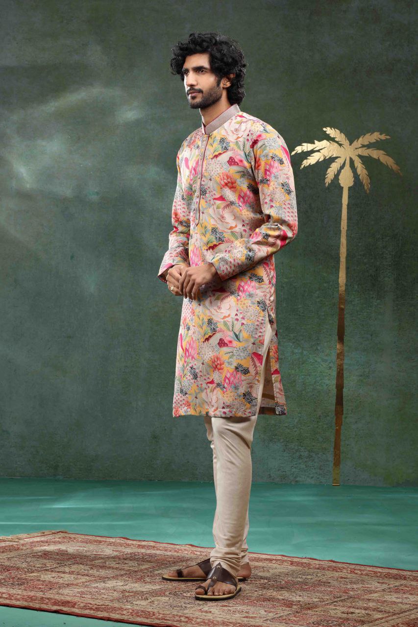 MIX FLOWER PRINTED WORK KURTA PAJAMA SET FOR MEN'S